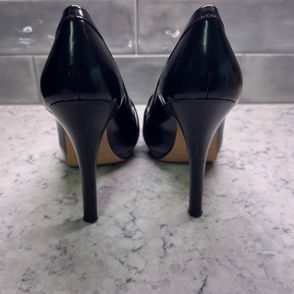 Coach Luisa Silver Buckle Polished Black Leather Platform 5” Heels size 8.5 - Picture 3 of 7